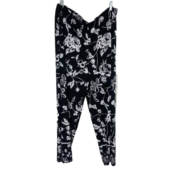 Susan Graver Women 1X Floral Pull On Pant Cropped Black Tapered Ankle Vacation - Picture 1 of 9